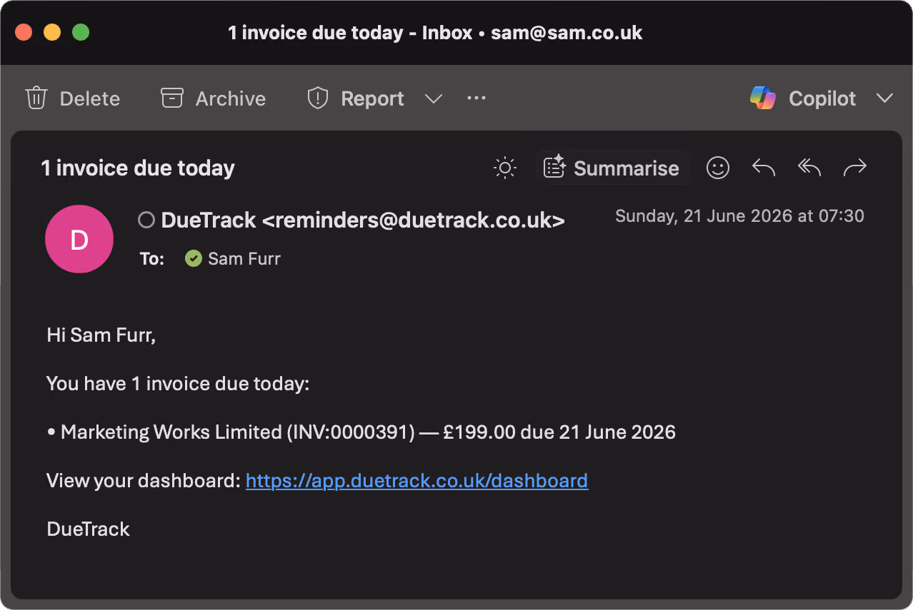 Email showing one invoice due today from DueTrack for £199.00 to Sam Furr, dated 21 June 2026.