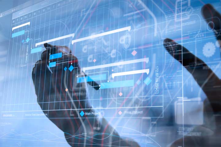 Hands manipulating a flow chart on a futuristic screen display
