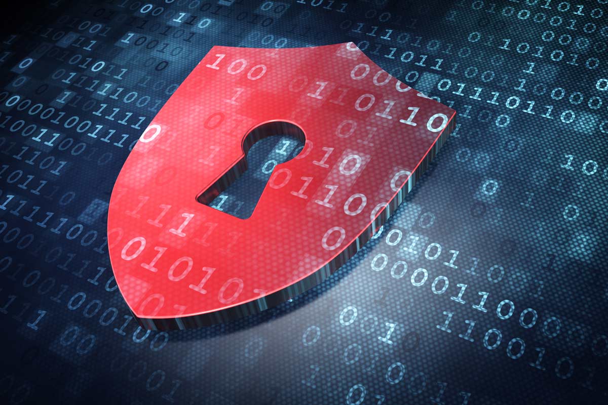 Red cyber security shield with a lock