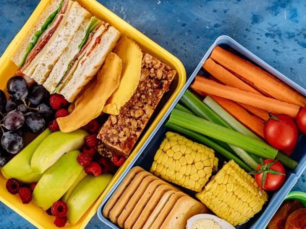 Contenitori per la merenda con frutta, verdura e panino