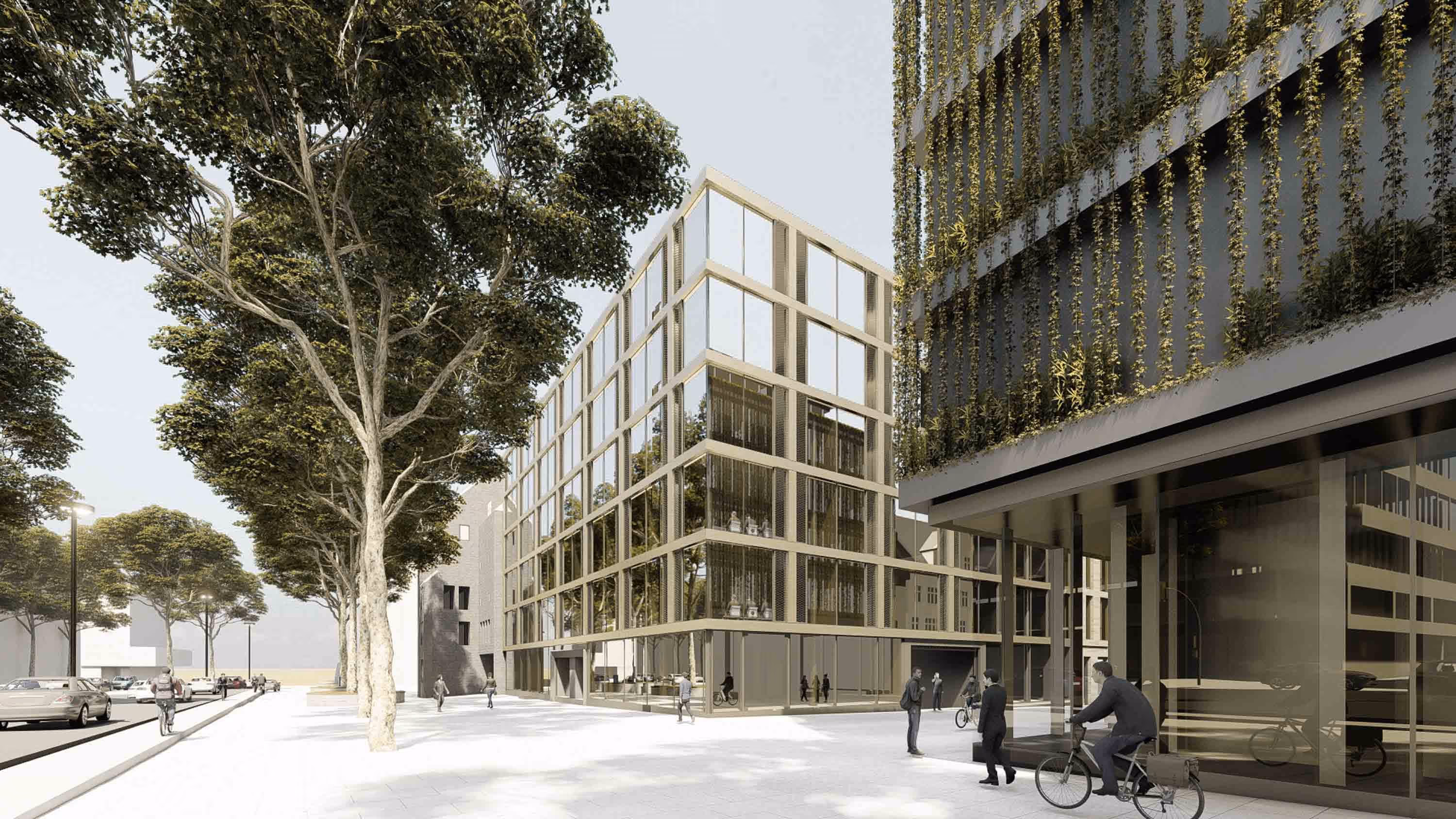Modern glass buildings with vertical greenery and people walking and cycling on a tree-lined street.