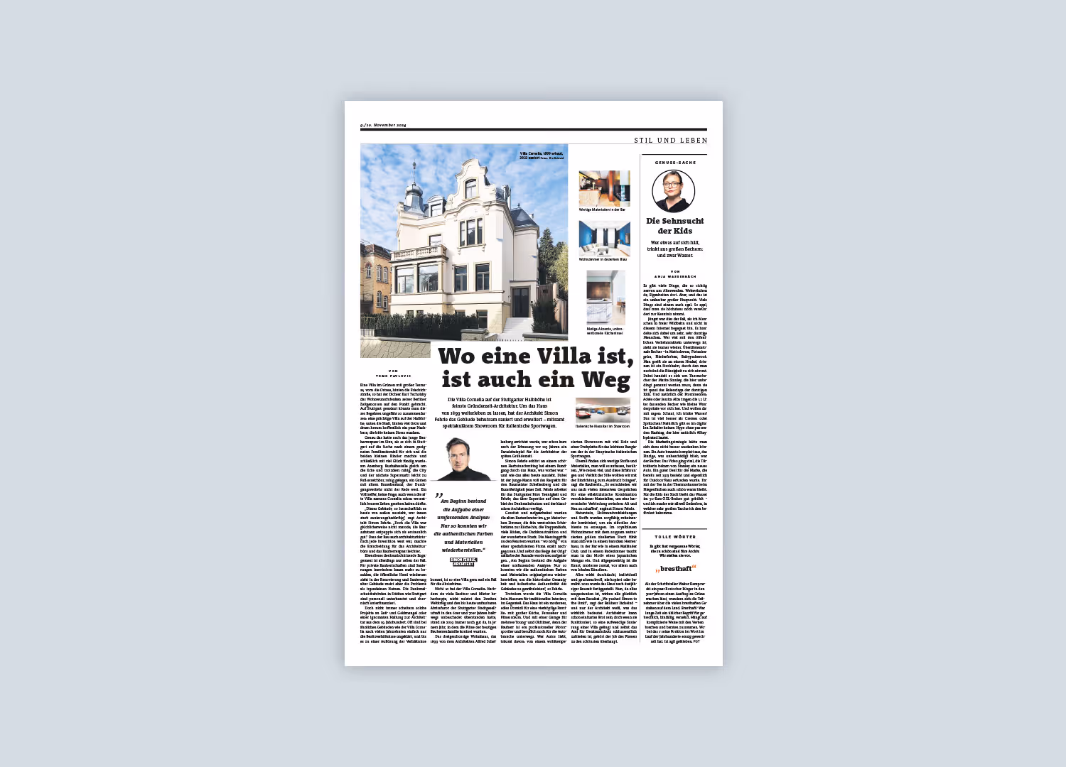 Magazine page featuring a large photo of a white villa and German text about architecture and lifestyle.