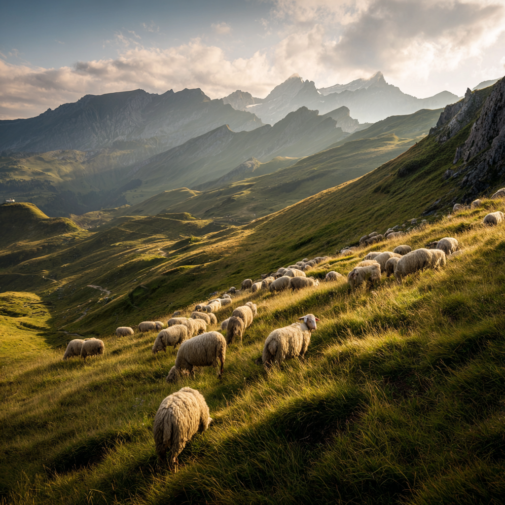Flock of sheep grazing on sunlit grassy hillside with layered mountain peaks under a cloudy sky.
