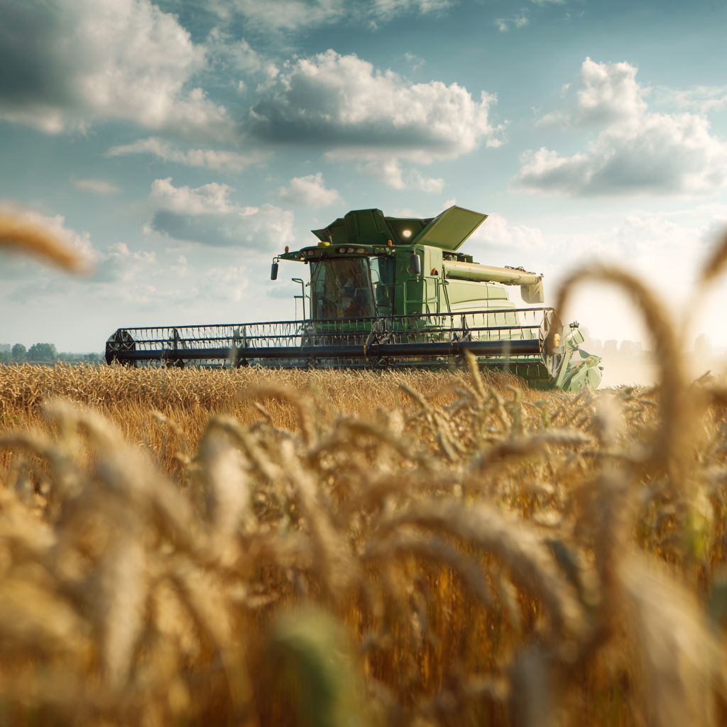 Green combine harvester operating in a golden wheat field under a partly cloudy sky.