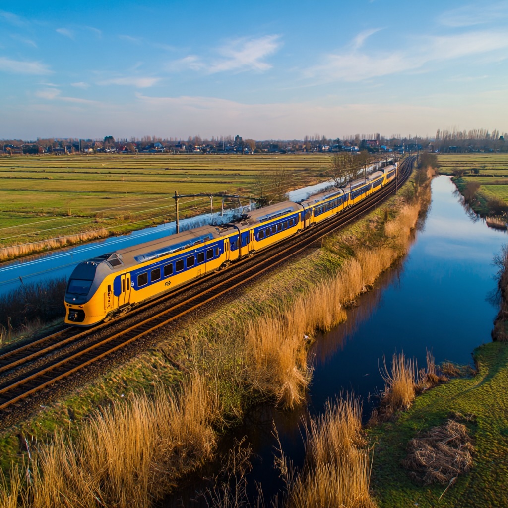 Yellow and blue passenger train traveling along tracks beside a narrow river in a flat rural landscape under a blue sky.