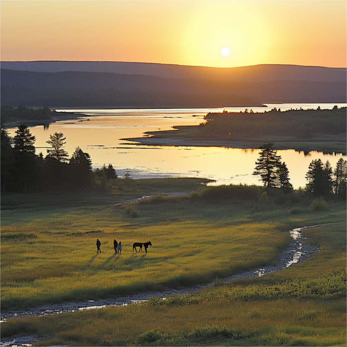 Sunset landscape over river with three people and a horse standing in a grassy field.