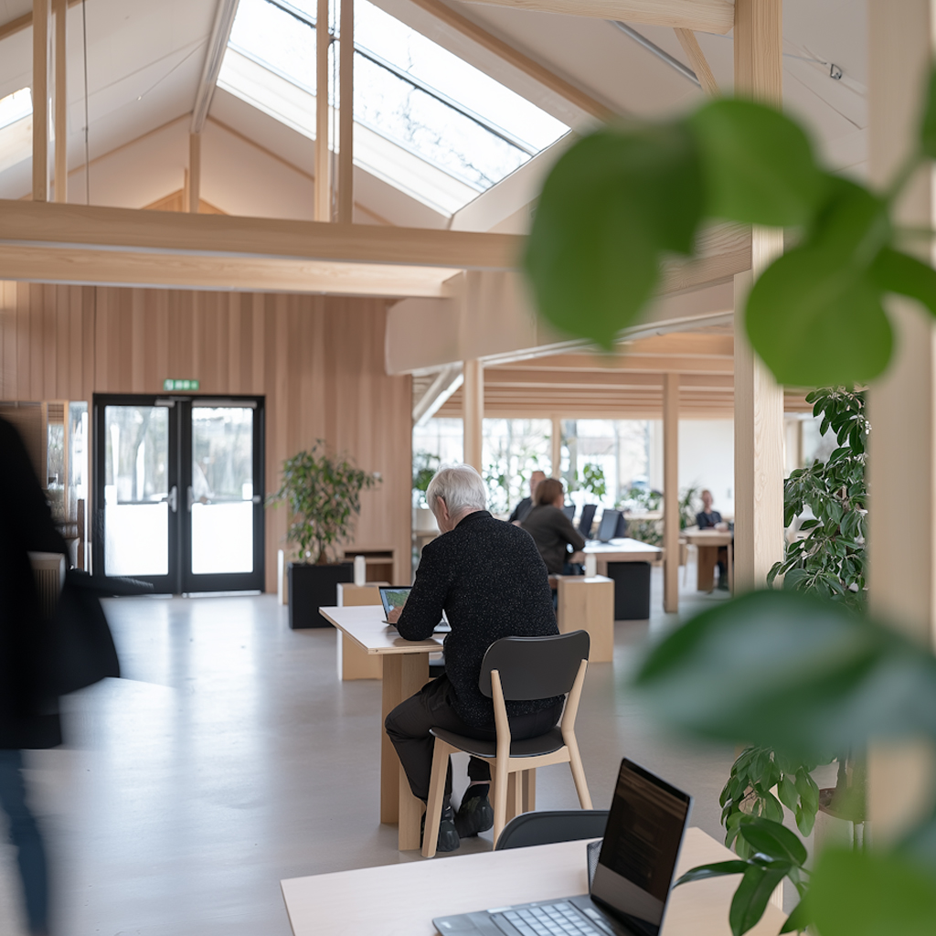 Modern open office with wooden beams and skylights, featuring people working at desks and green plants.