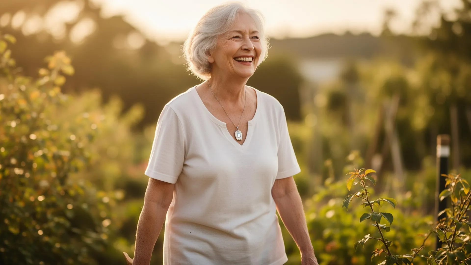 Smiling elderly woman with gray hair wearing white shirt walking in a sunlit garden or vineyard.