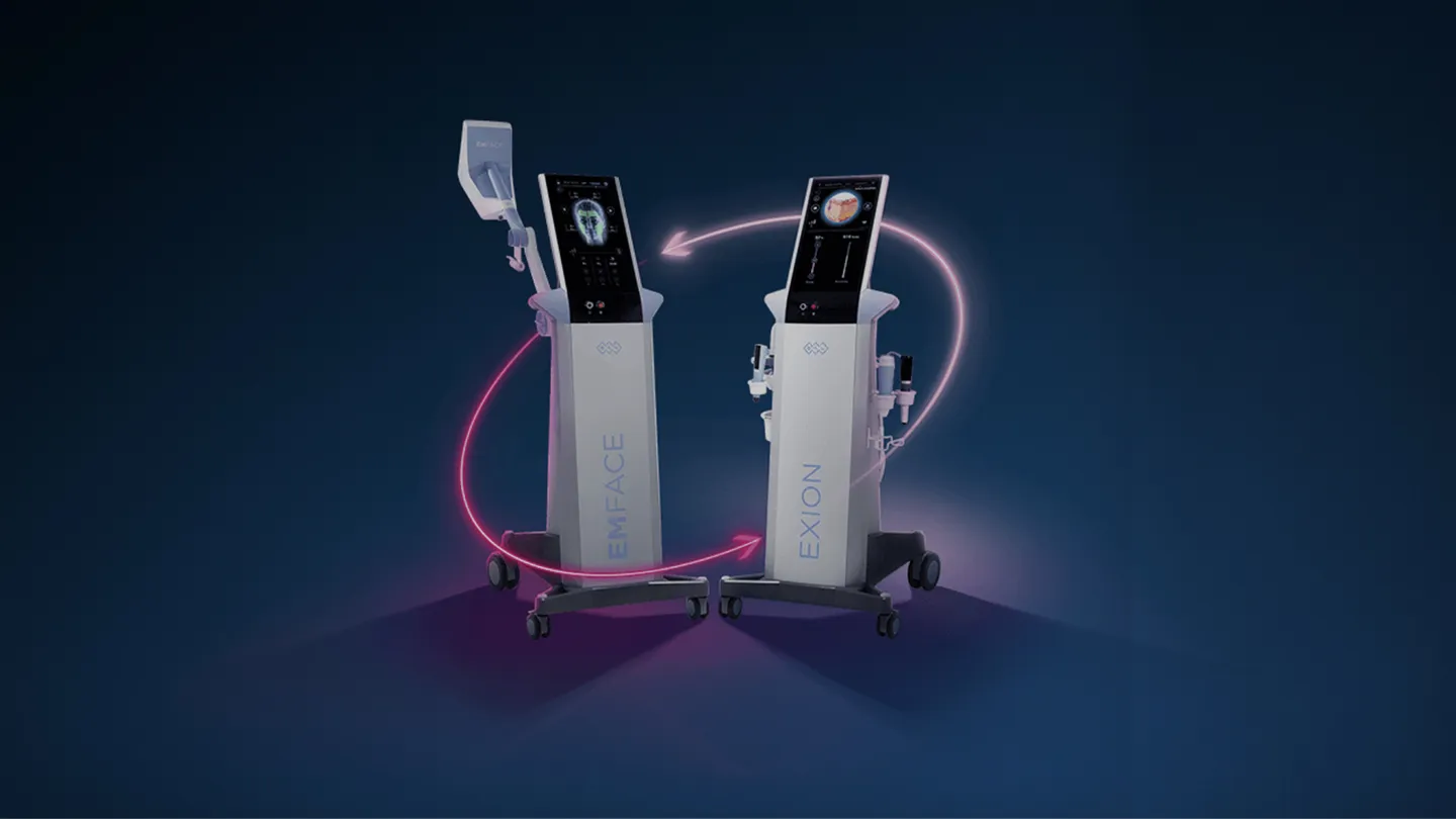 Two medical devices labeled EMFACE and EXION with pink arrows linking their screens, on a dark blue background.