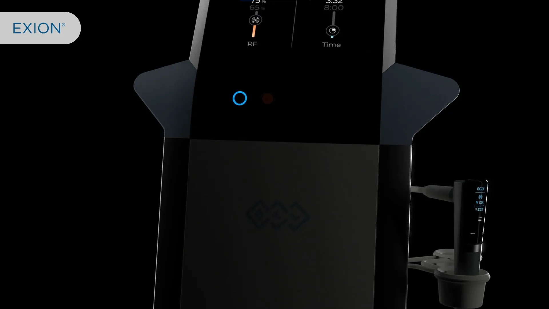 Close-up of a sleek black device with digital display and blue circular indicator light.