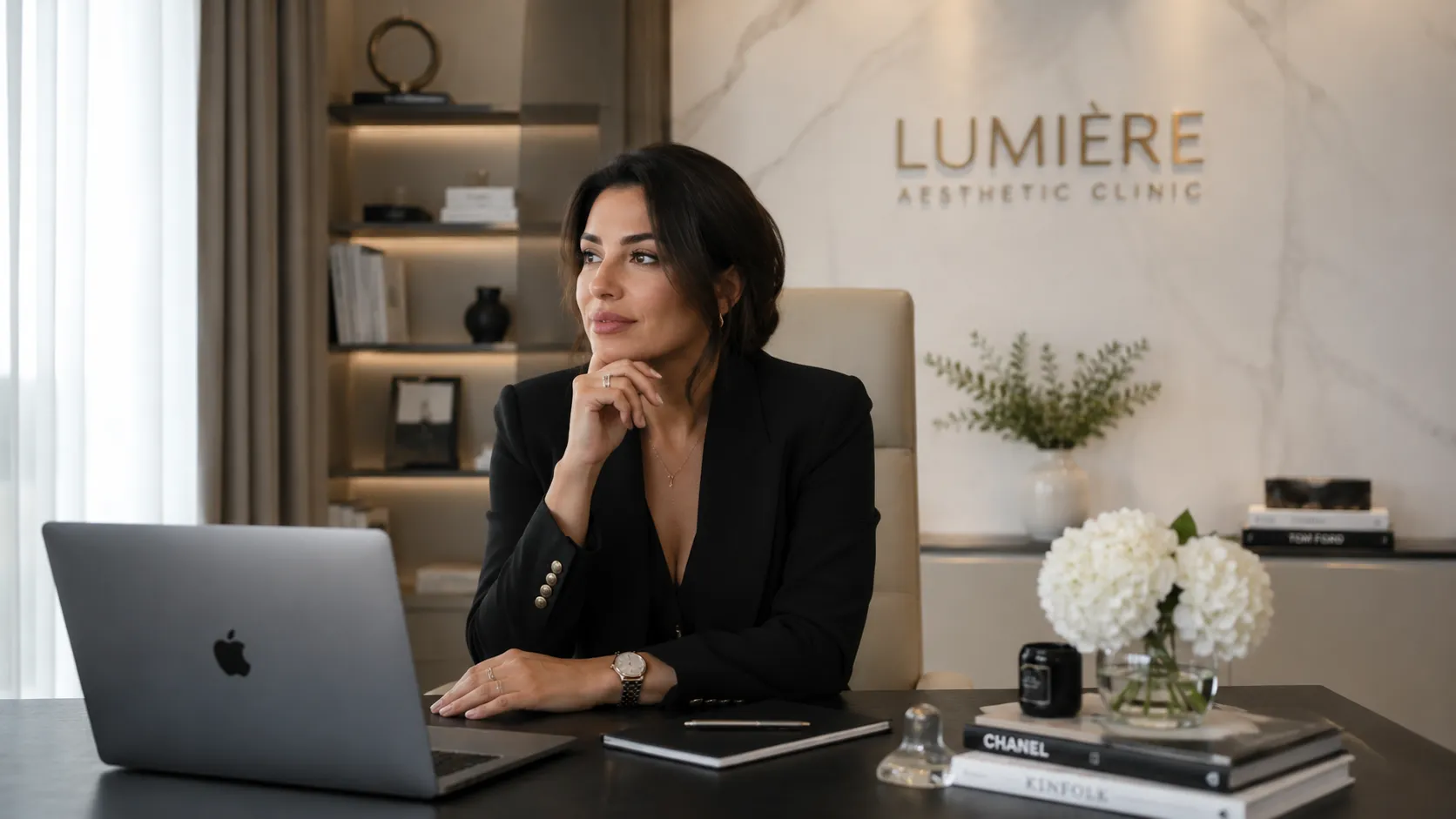 Professional woman sitting at a desk with laptop in a modern stylish office of Lumière Aesthetic Clinic.