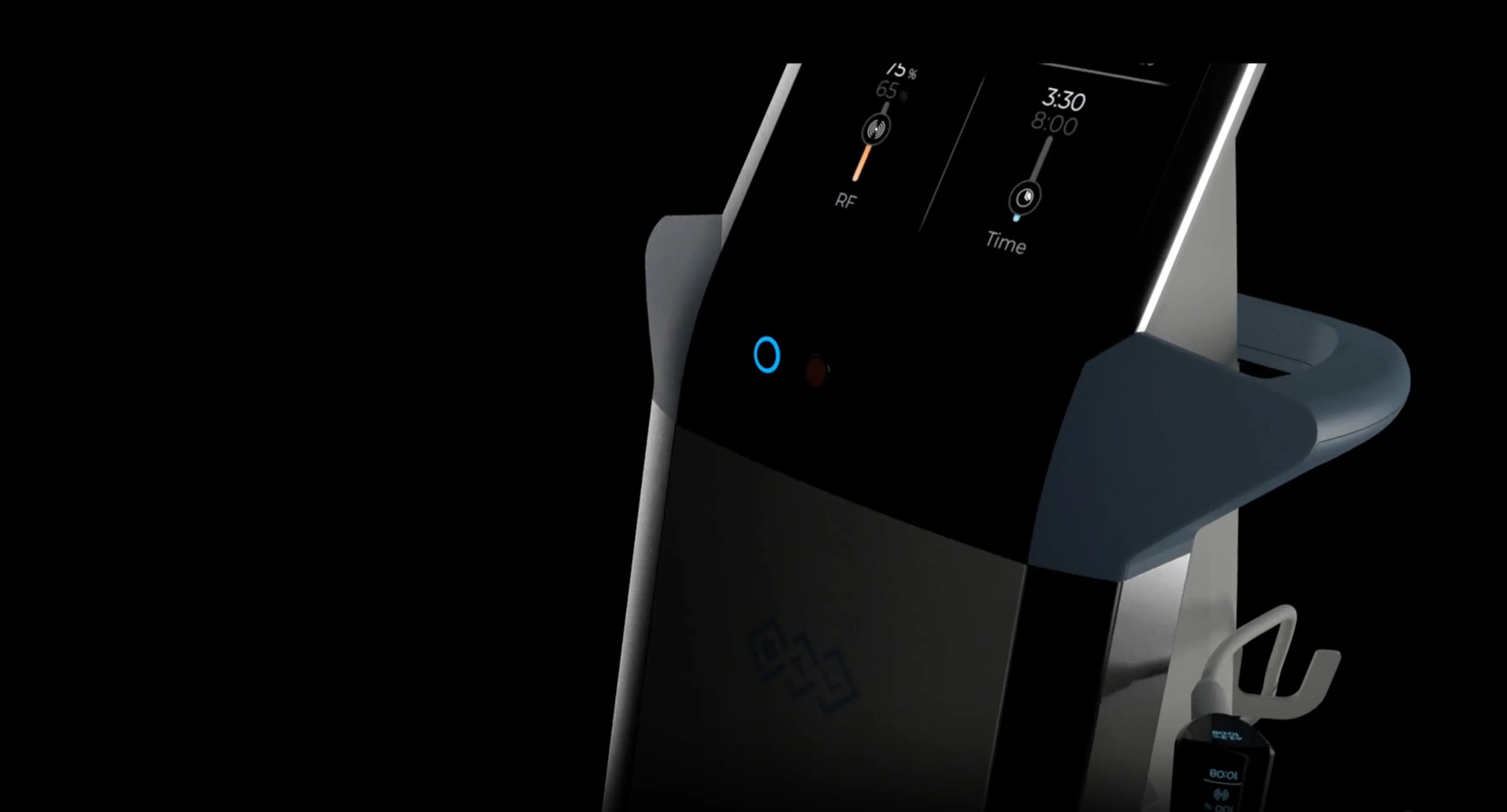 Close-up of a sleek medical or cosmetic device with a touchscreen displaying RF and time settings.