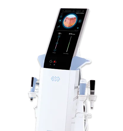 Medical device with touchscreen displaying a cross-section image and control sliders on a white stand.