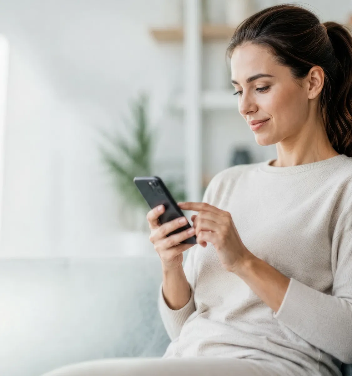 Gravid patient använder mobiltelefon för att hantera sin BTL-behandling i en ljus klinisk miljö.