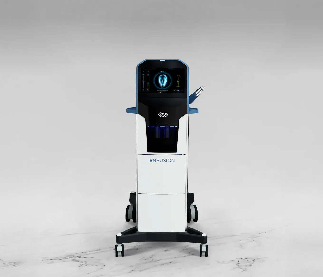 BTL Emfusion-behandlingsenhet på hjul, visar svart och vit design med blå detaljer och illuminerad display.