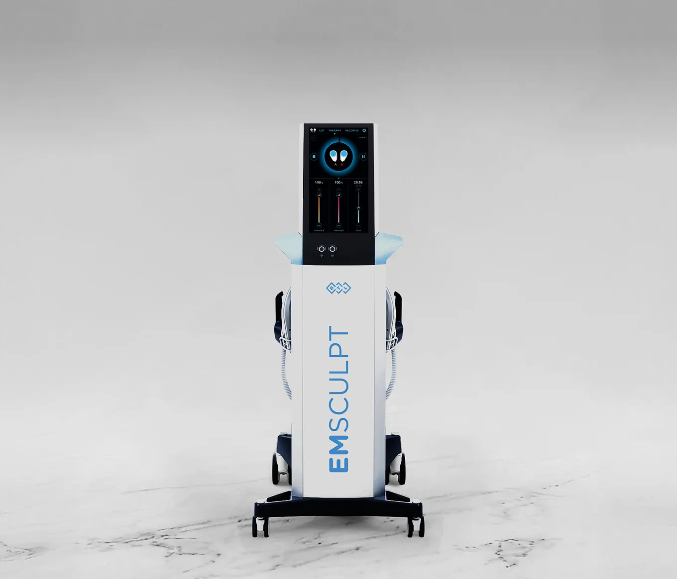 BTL EMSCULPT-behandlingsenhet från framsidan, vit och svart design med blå kontrollskärm på toppen.