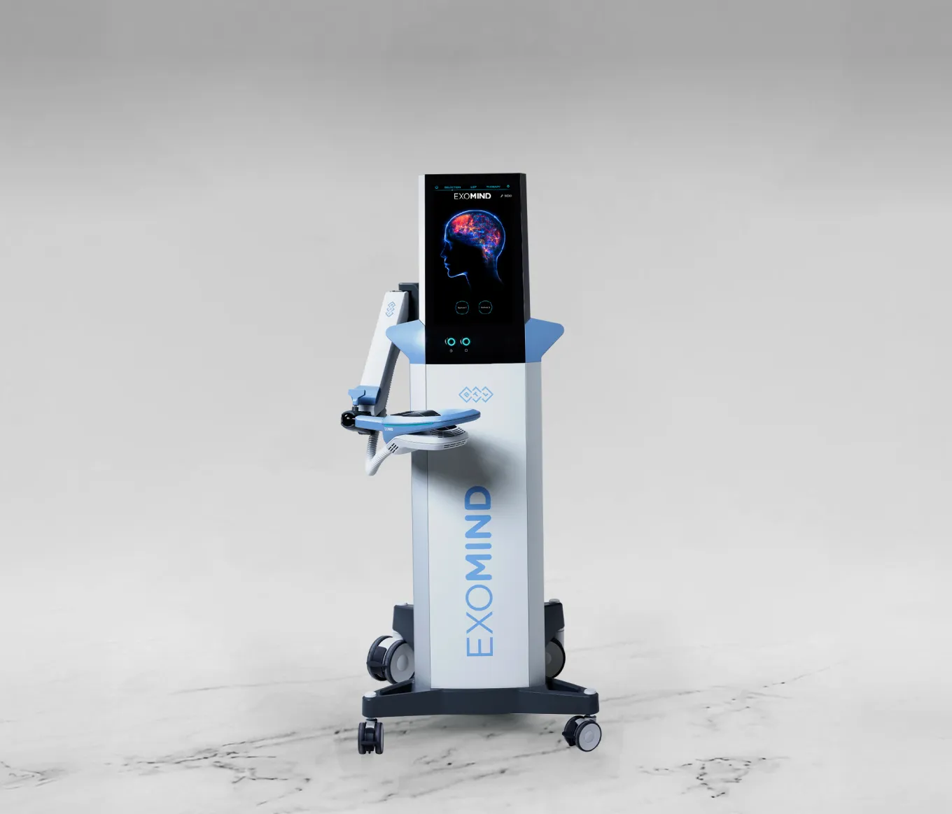 BTL EXOMIND-behandlingsenhet med display och behandlingsarm i vit och blå utförning.