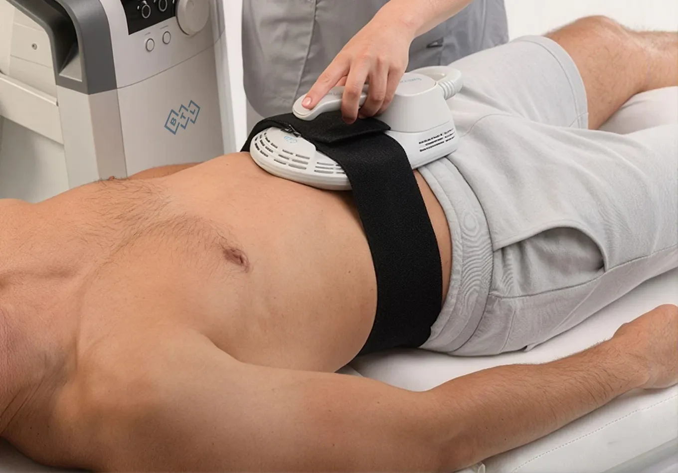 Patient genomgår EMBODY-behandling med BTL:s HIFEM-teknik applicerad på abdominalregionen.