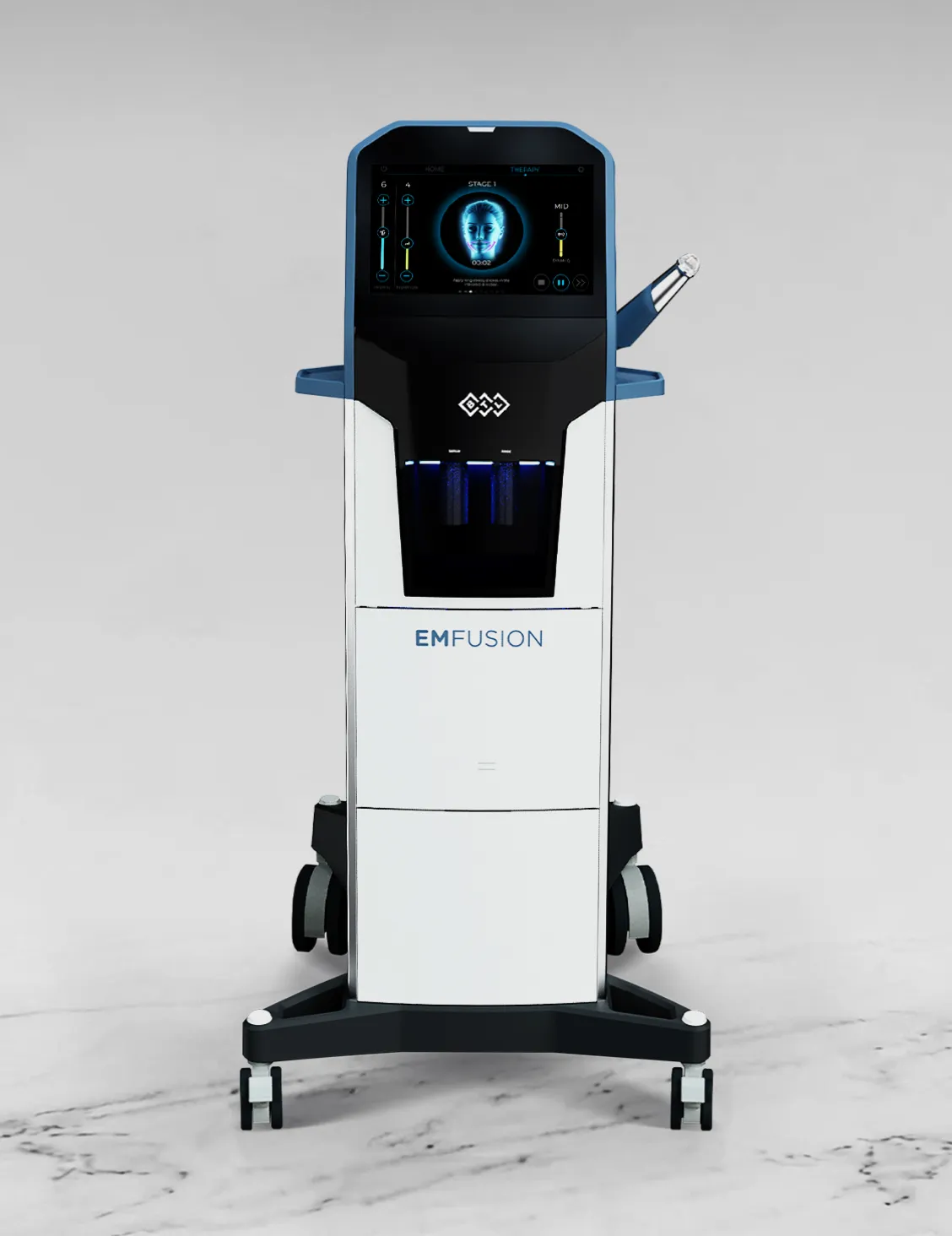 BTL EMFUSION-enhet sedd framifrån, visar den blåa och vita behandlingsapparaten med displayskärm och (hudbarriär).