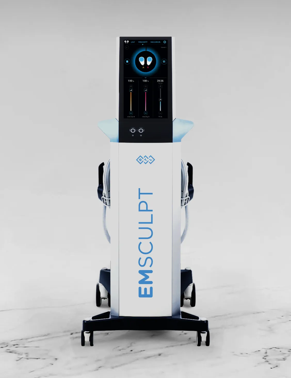 BTL EMSCULPT-behandlingsenhet med svart kontrollpanel och vit bas på hjul, visande HIFEM-teknik för muskeluppbyggnad och