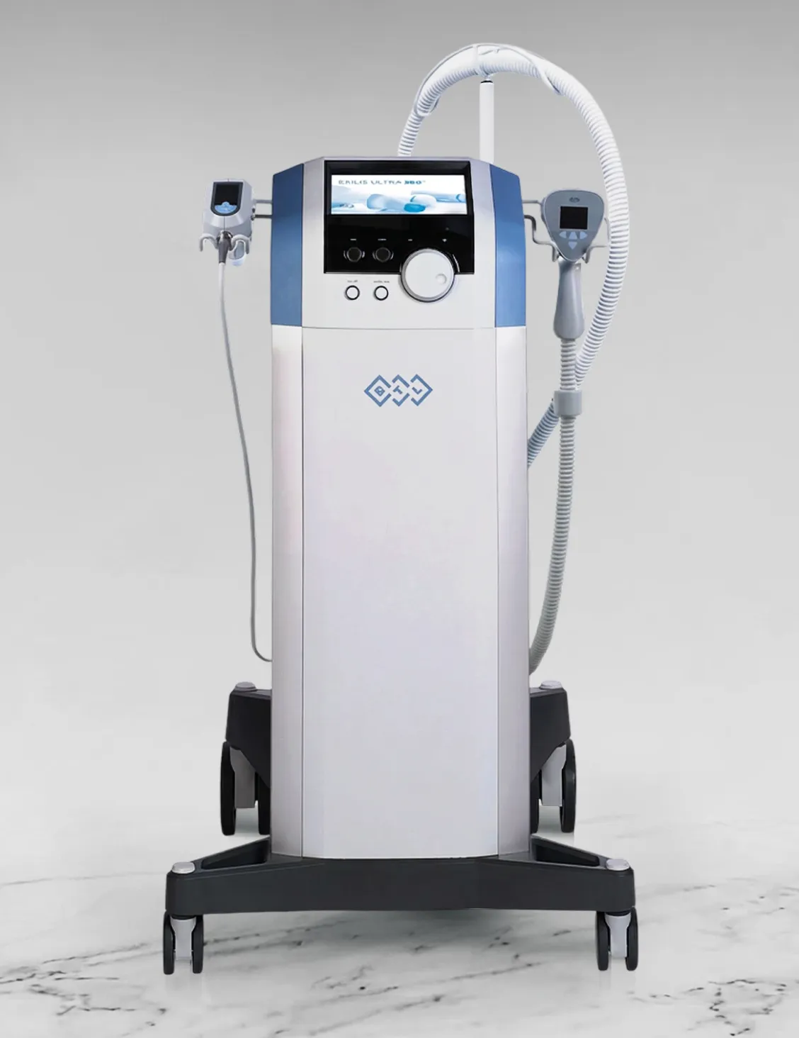 BTL EXILIS ULTRA 360-behandlingsenhet med radiofrekvens- och ultraljudsteknik på hjul, frontvy.