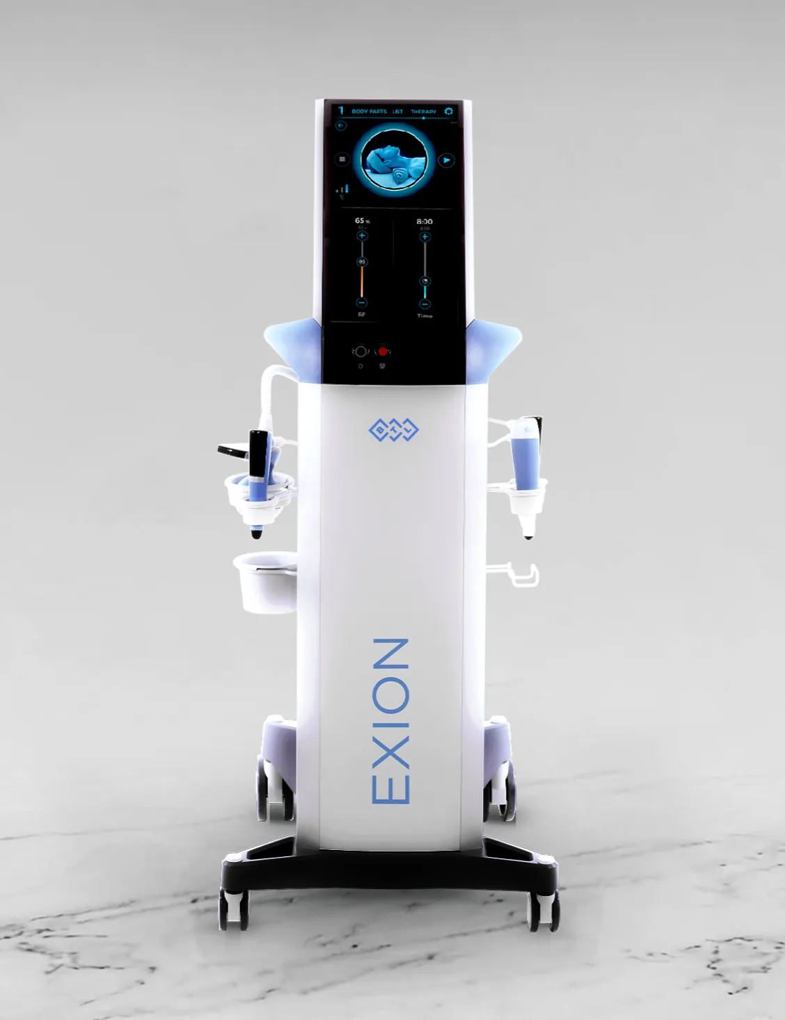 BTL EXION estetisk behandlingsenhet med vit bas, mobilarm och svart kontrollpanel med blå displayskärm (estetisk behandling).