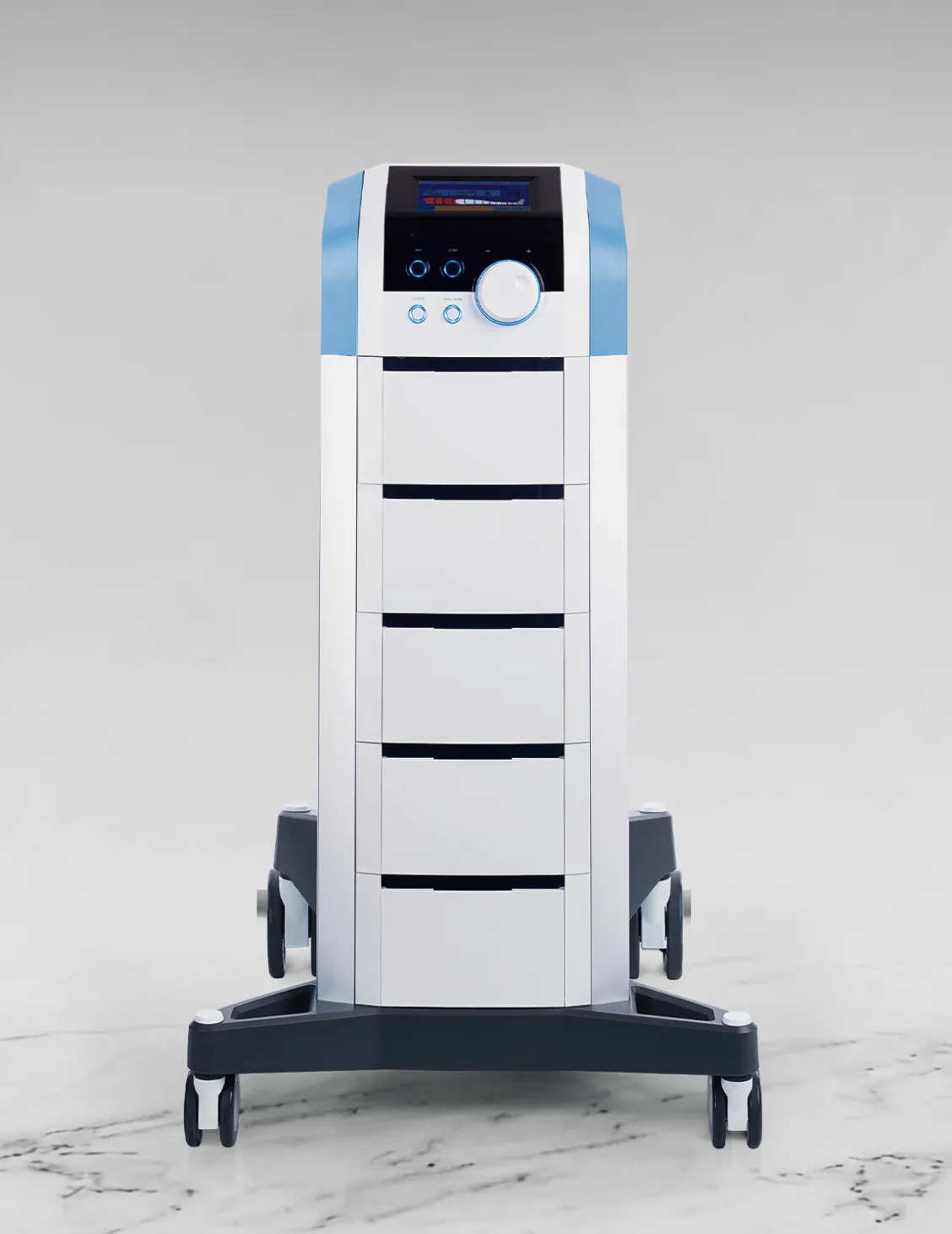 BTL Lymphastim pressoterapisystem med blå och vita paneler, digital skärm och luftkammare för pneumatisk pressoterapi.