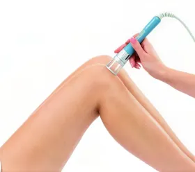 Patient erhåller laserterapi på benet med BTL High Intensity Laser-applikator i klinisk miljö.