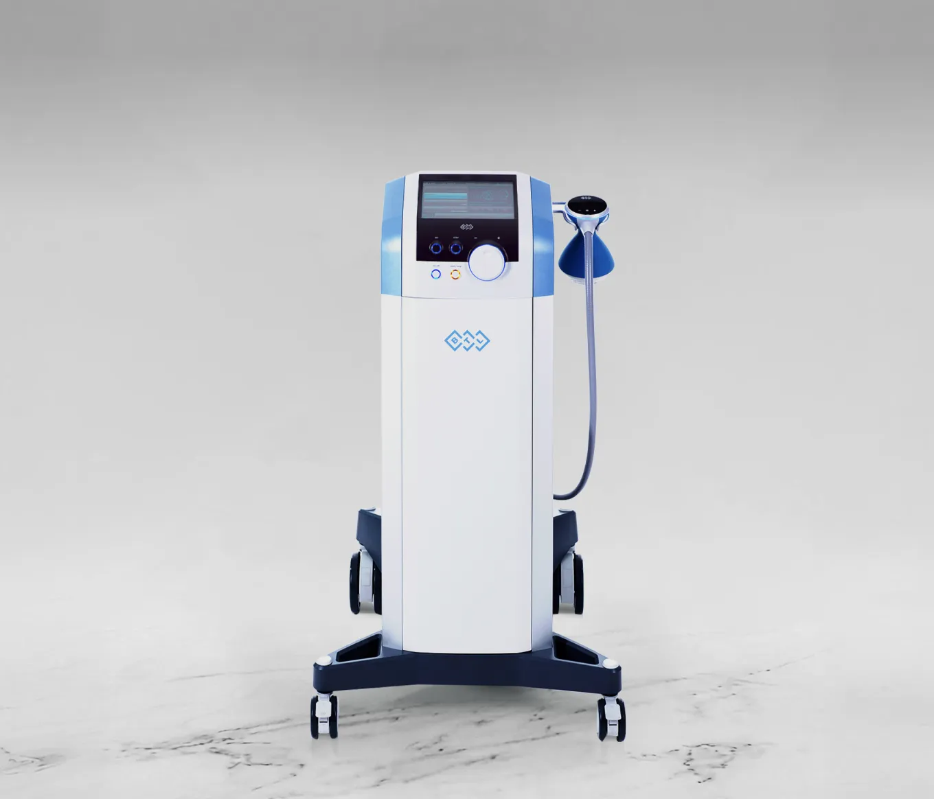 BTL 6000 Focused Shockwave behandlingsenhet på hjul, vit och blå design med handstycke.