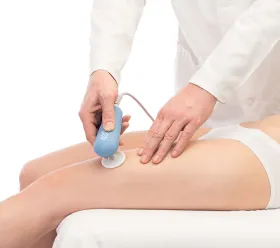 Terapeut applicerar BTL TR-Terapi-behandling med handhållen radiofrekvensapparat på patientens ben (radiofrekvensbehandling).