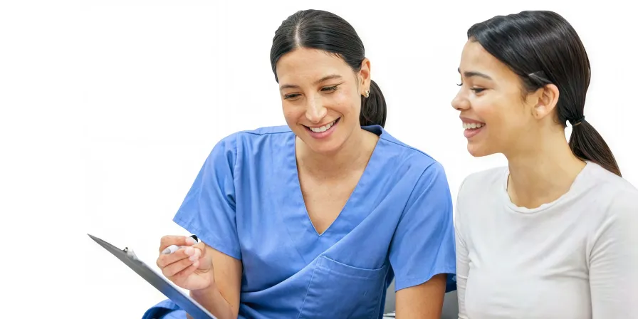 BTL-produktspecialist i blå skjorta diskuterar rehabiliteringsbehandling med patient (rehabilitering, behandling).