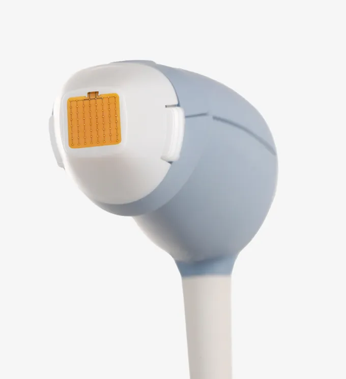Close-up of a handheld ultrasound probe with a white and gray body and orange sensor area.