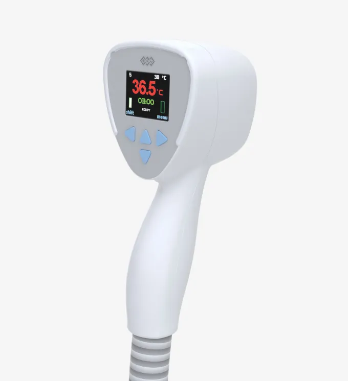 Digital infrared thermometer showing 36.5 degrees Celsius on the display with control buttons below.