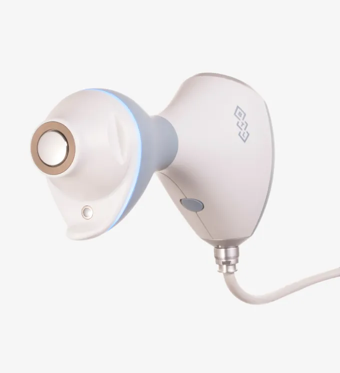 White futuristic handheld device with a circular sensor and blue light ring, connected to a cable.