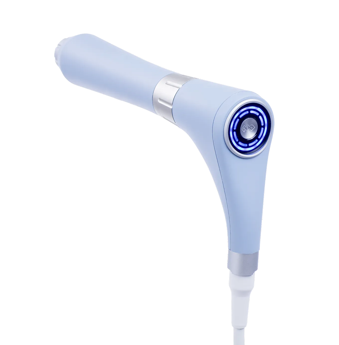 Light blue handheld electric device with a glowing circular blue control panel and attached white cable.
