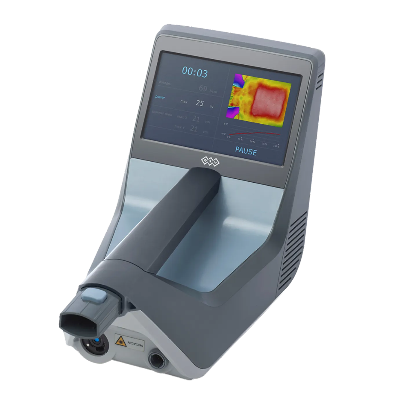 Handheld medical device with screen displaying thermal imaging and laser settings.