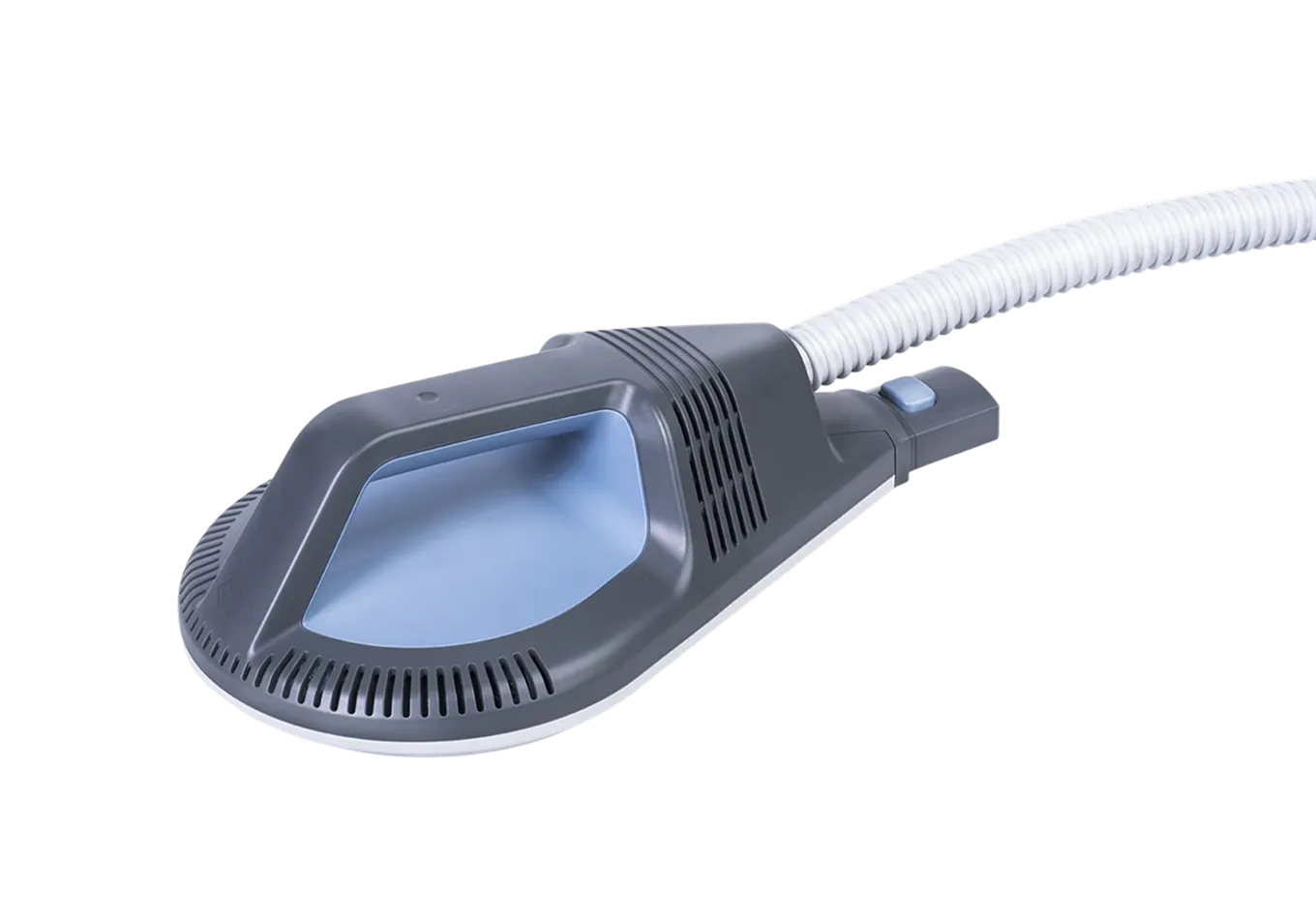 Gray and blue handheld device with vent slits and attached white coiled cable, isolated on white.