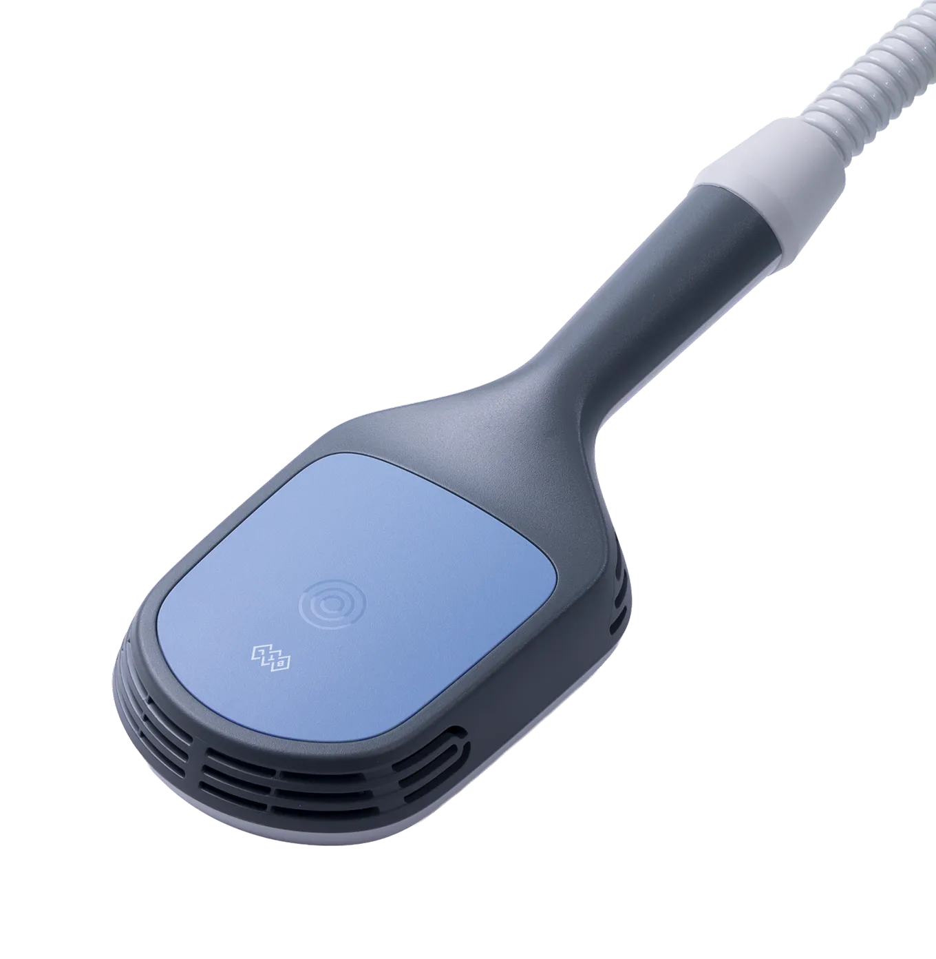 Blue and gray handheld device with vent-like openings and a flexible cord attached.