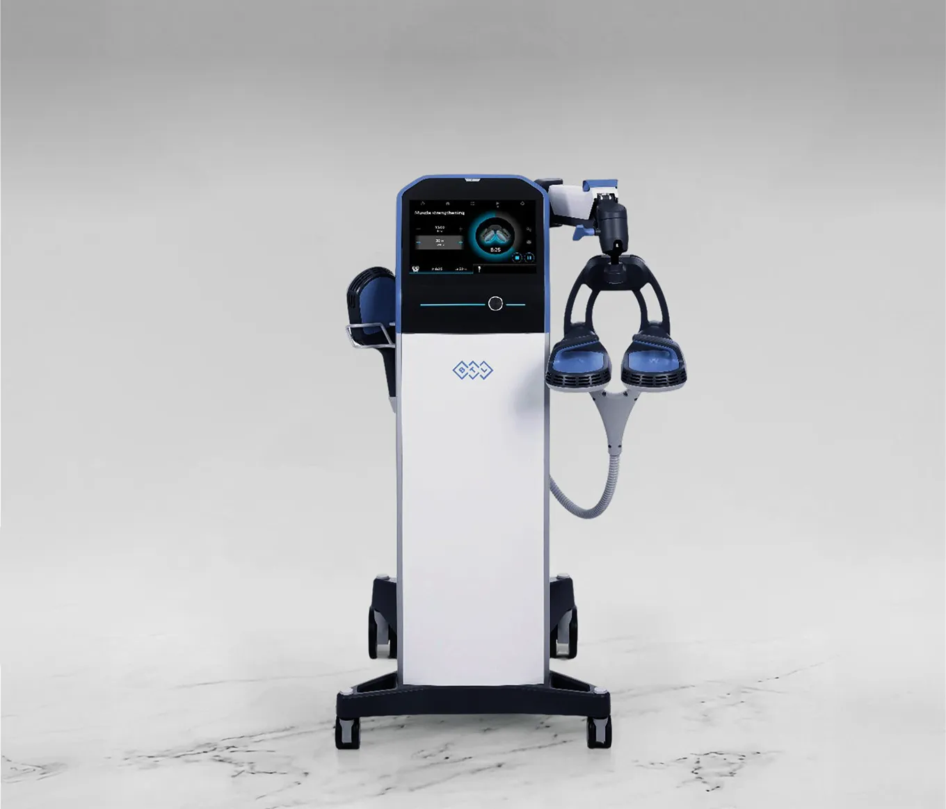 Medical device with a display screen and attached black and blue foot pads on a white stand with wheels.
