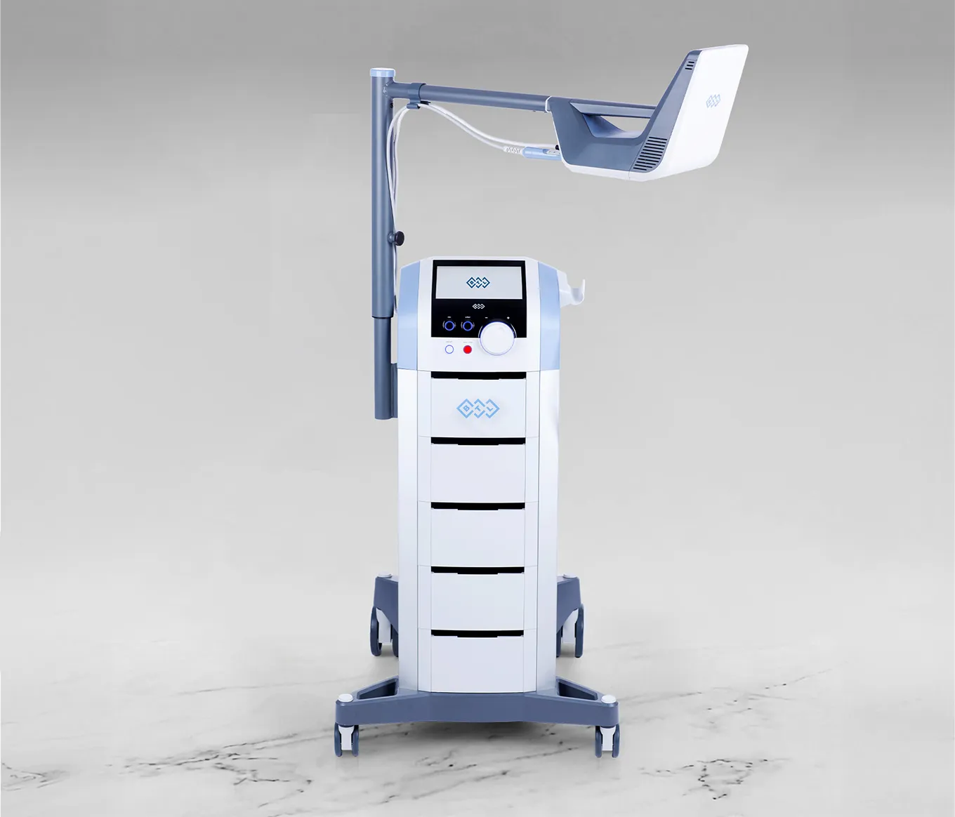 High-intensity medical laser machine on wheels with control panel and adjustable arm.