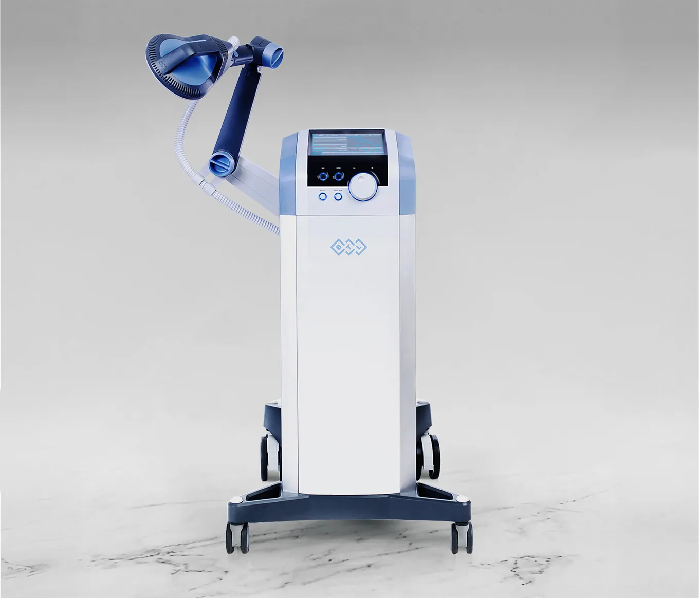 Medical device with touchscreen, control knobs, articulating arm, and wheels on a marble floor.