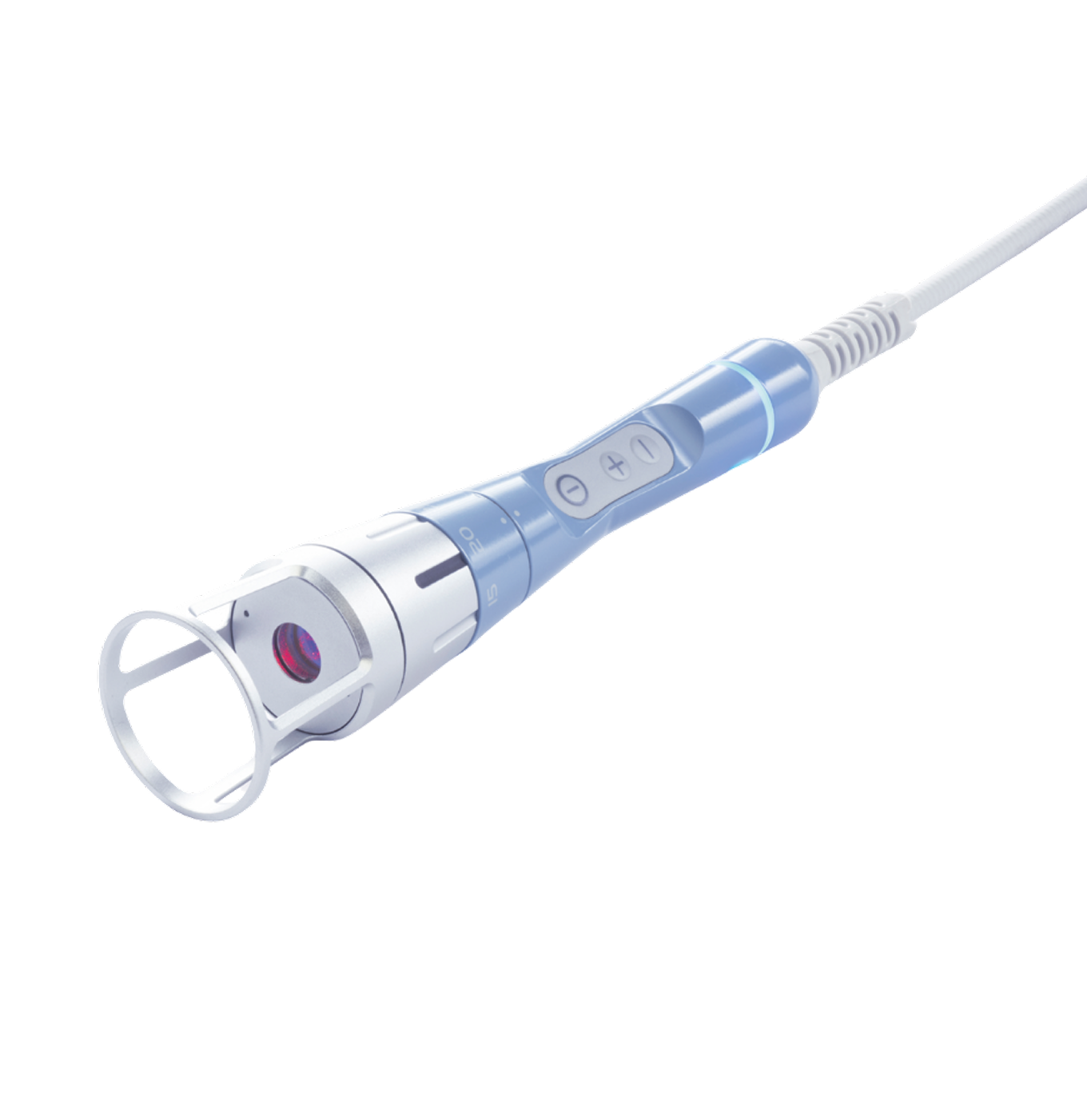 Blue and silver handheld medical or cosmetic laser device with buttons and protective ring at tip.