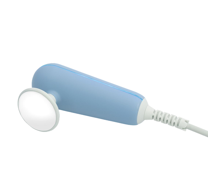Blue handheld therapy applicator with a round white treatment head and a connected power cord.