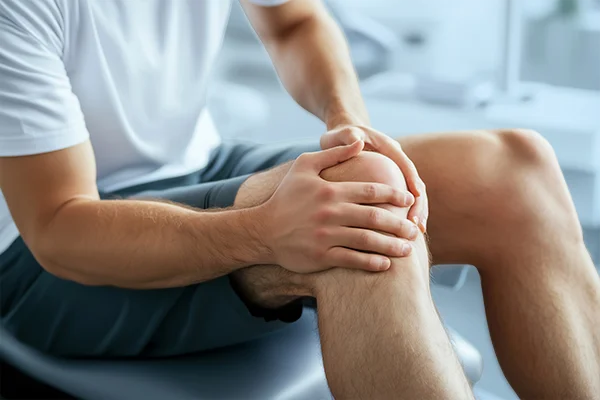 Man håller sitt knä, behöver behandling med R-Force anti-gravity löpband