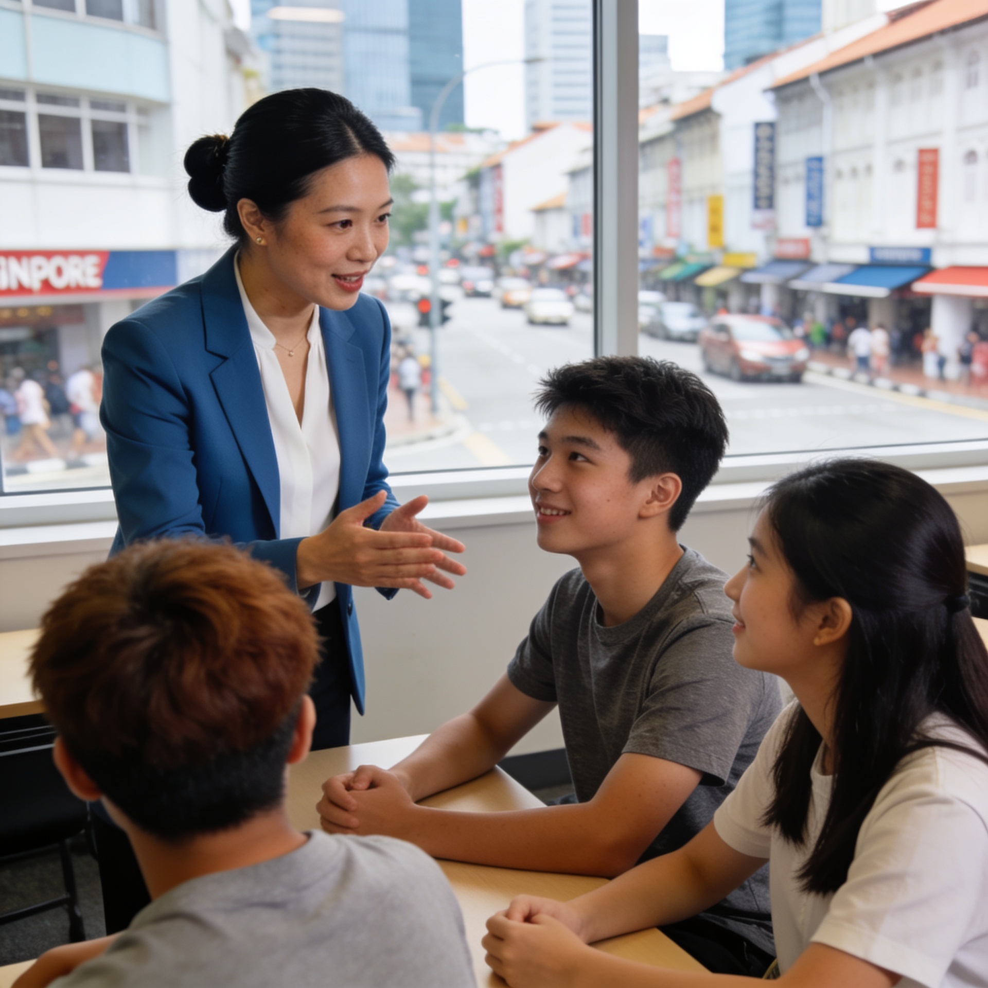 SuperMinds communication trainer coaching a teen student in Singapore on public speaking and confidence
