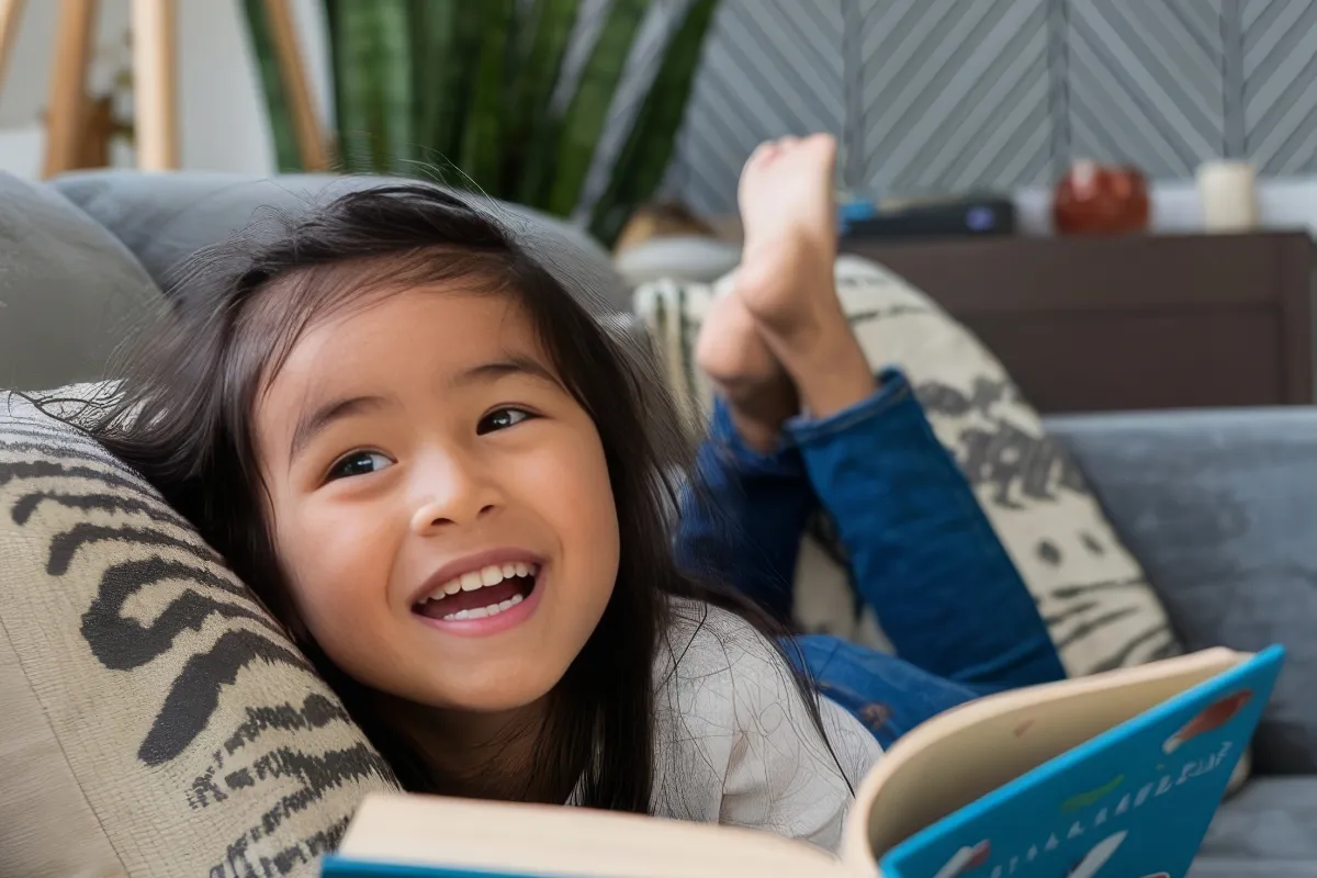 An Asian girl in Singapore relaxing on the sofa with a book during unstructured downtime