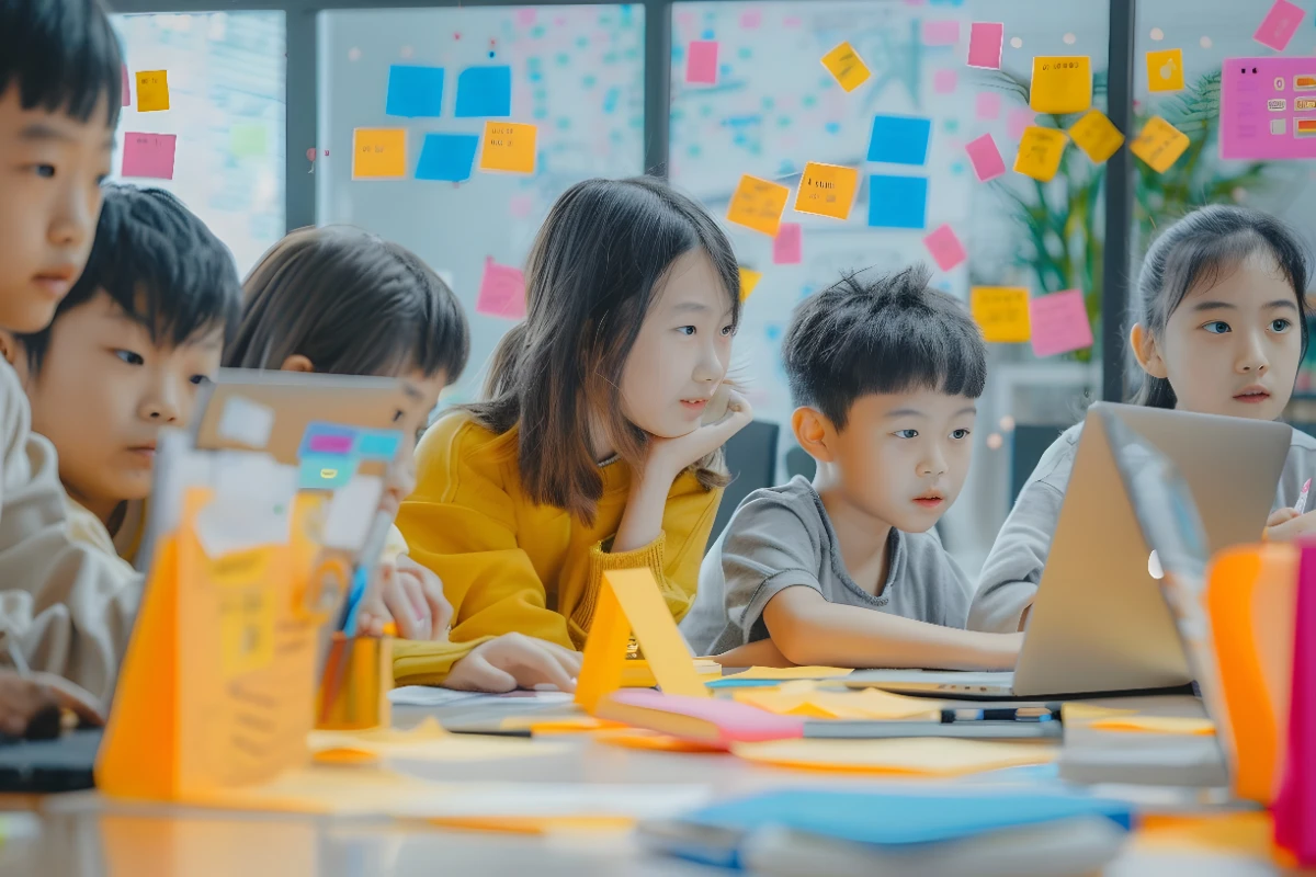 Asian children in Singapore working together on a group project, learning teamwork and initiative