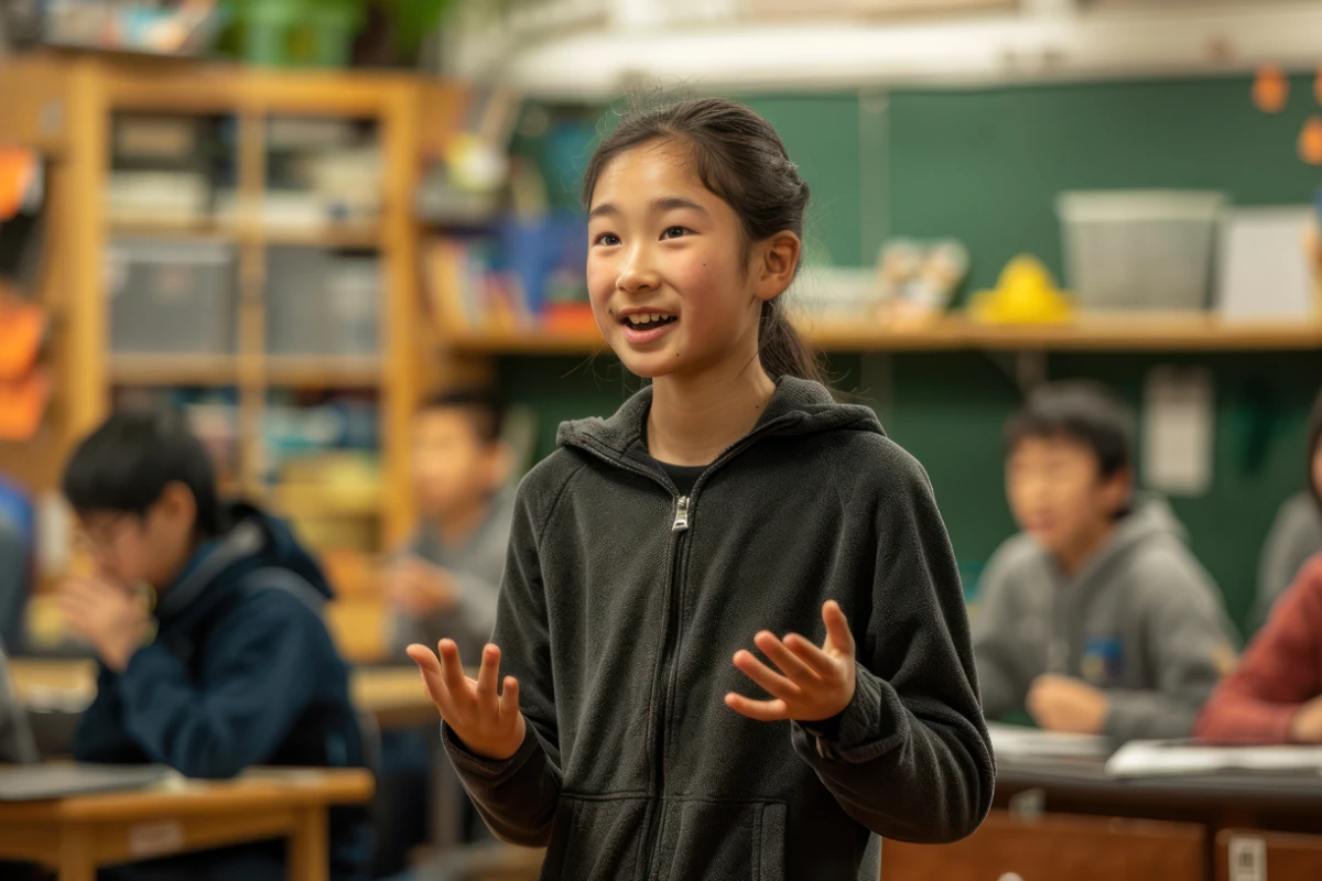 An older Asian student in Singapore presenting confidently to classmates