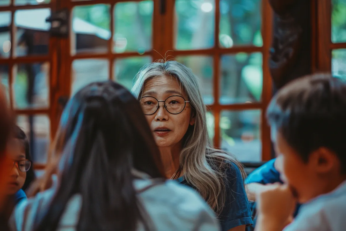 Asian teacher standing at the front of a Singapore classroom, engaging students in a discussion lesson