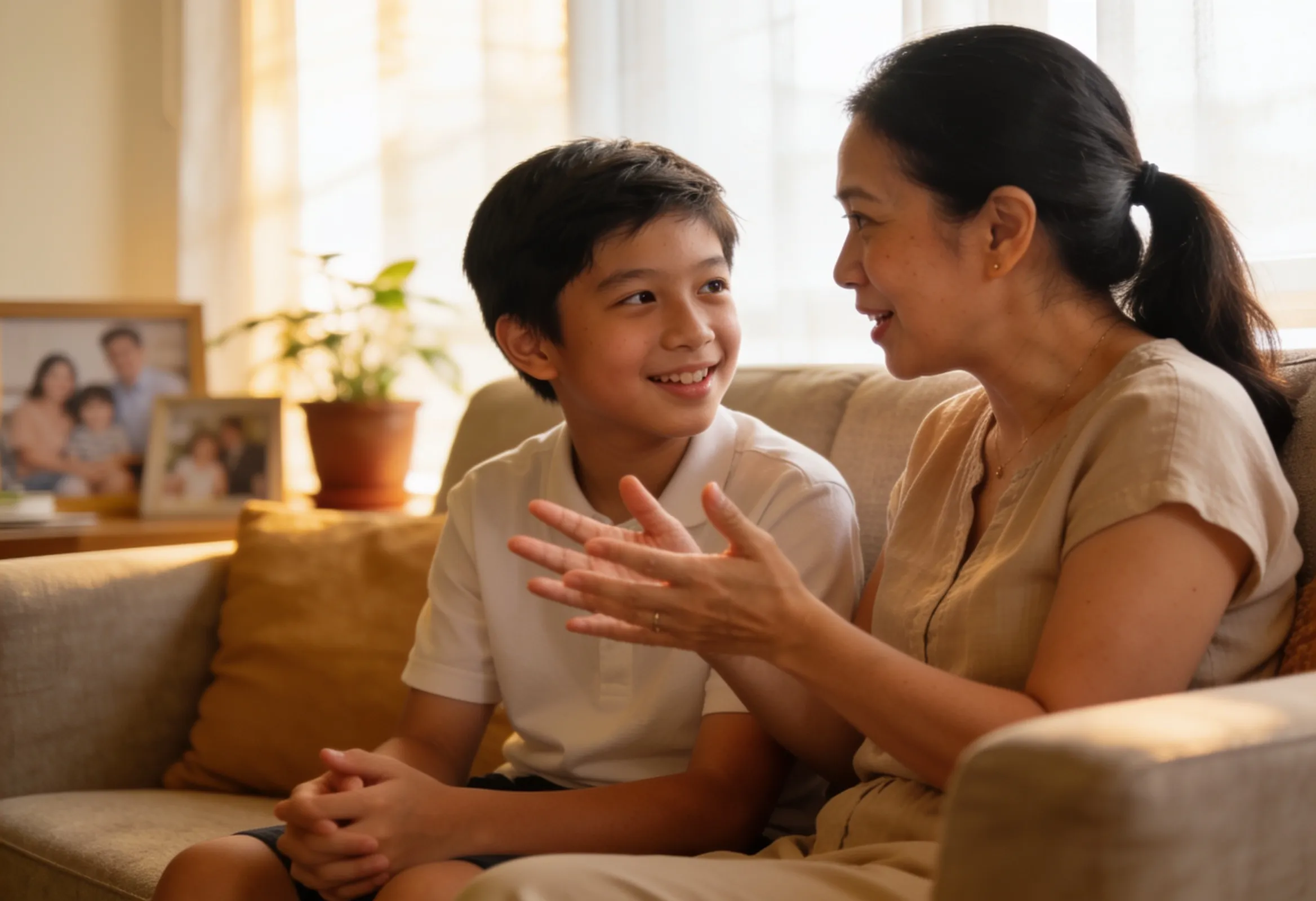 A Singaporean parent and pre-teen child talking warmly together at home